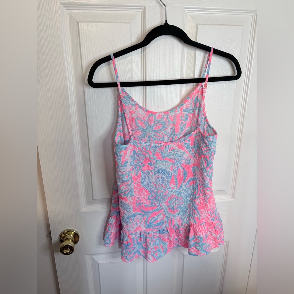Lilly Pulitzer Peplum Tank Top M | Pink Sun Ray Summer Siren | Ruffle Hem - Picture 7 of 8